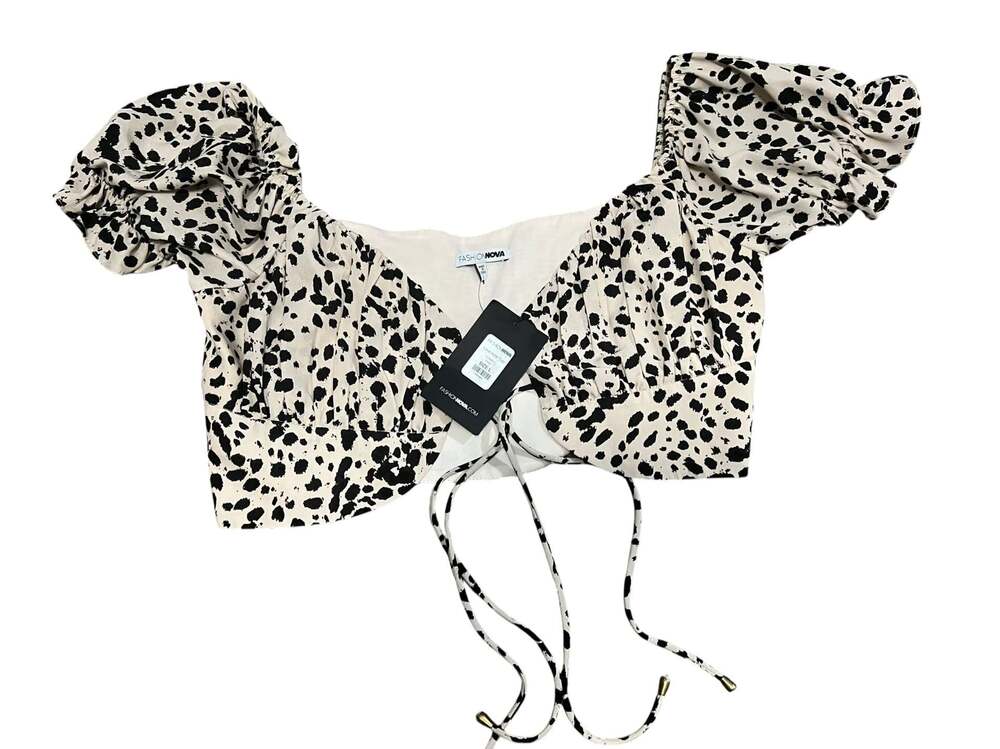 Fashion Nova Love Note Off-Shoulder Tie-Back Crop Top in Beige Dalmatian Print